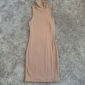 Elegant Sleeveless Turtleneck Mini Dress in Tan